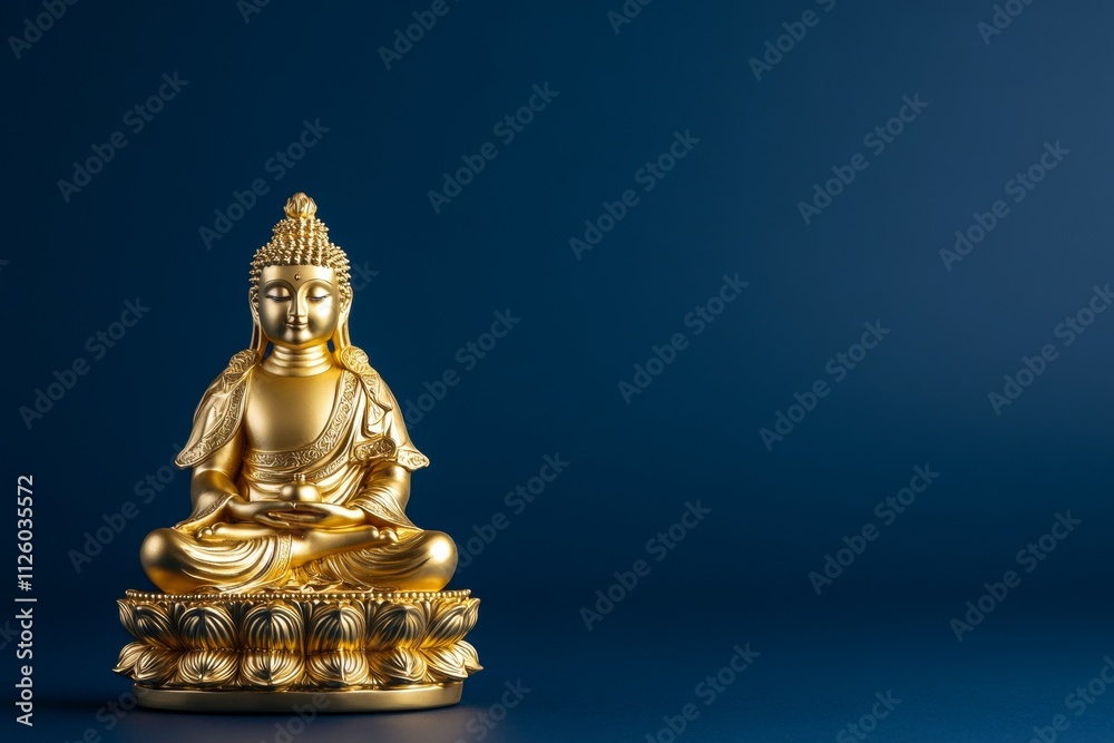 Golden buddha statue on deep blue background with intricate details and serene expression Golden buddha statue on deep blue background with intricate details and serene expression