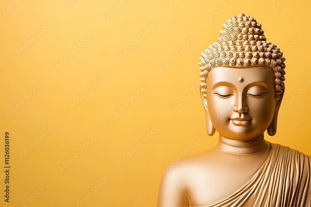 Golden buddha statue against vibrant yellow background Golden buddha statue against vibrant yellow background