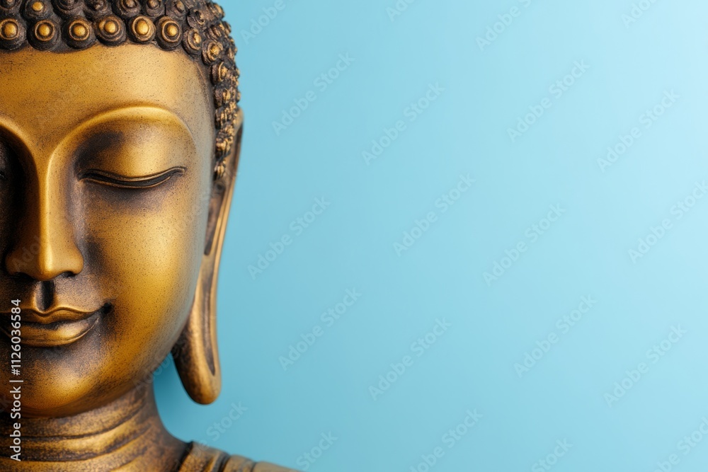 Golden buddha statue on tranquil blue background Golden buddha statue on tranquil blue background