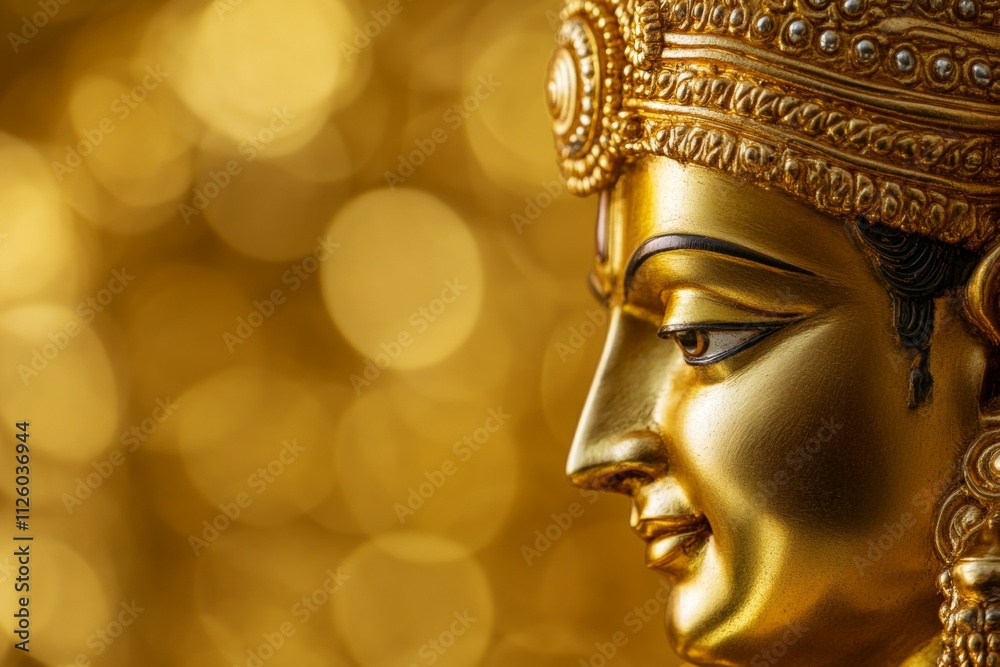 Golden hindu deity sculpture with intricate details and bokeh background