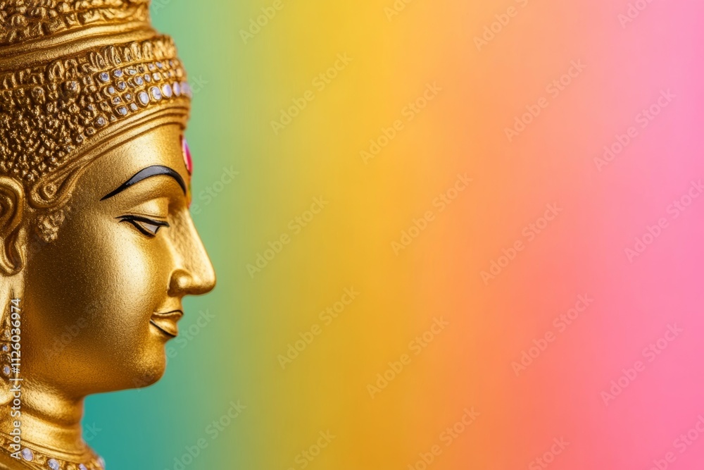 Golden buddha statue side profile on vibrant multicolored gradient background Golden buddha statue side profile on vibrant multicolored gradient background