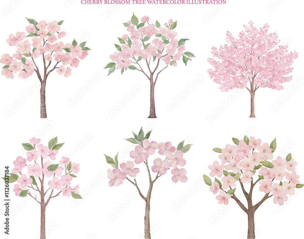 Obraz premium Watercolor Illustration of Cherry Blossom Trees in Bloom