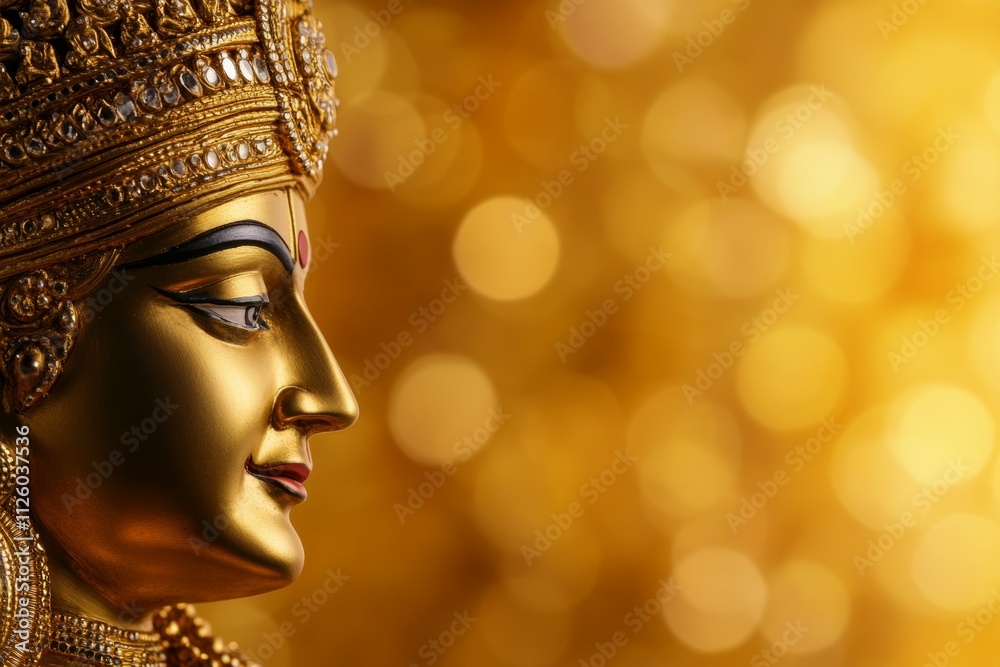 Golden hindu deity statue with bokeh background side profile Golden hindu deity statue with bokeh background side profile
