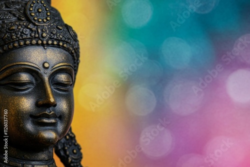 Bronze buddha statue against colorful bokeh background photo