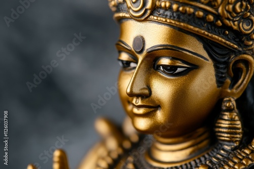 Close-up of hindu goddess statue with intricate golden details and peaceful expression photo