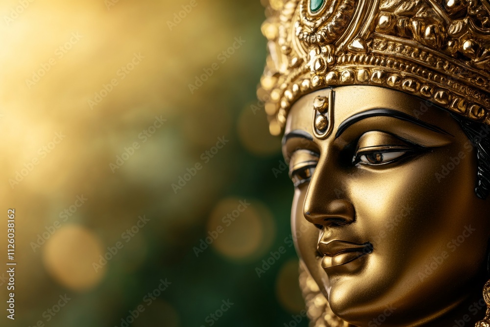 Golden statue of hindu goddess with ornate crown and serene expression Golden statue of hindu goddess with ornate crown and serene expression