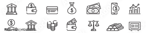 Bank icon vector illustration set. credit card mobile banking wallet ATM banger Editable line vector icons collection.
