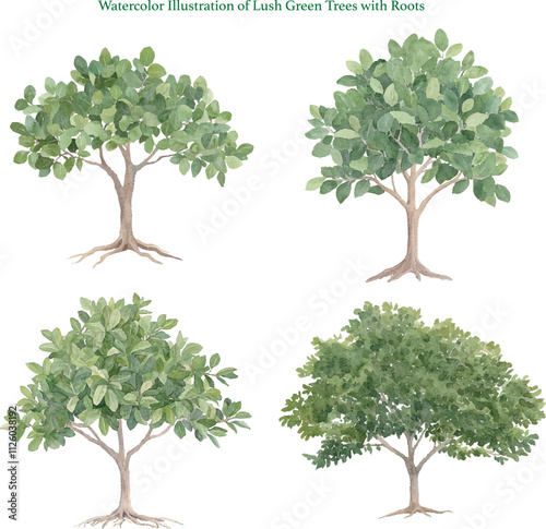 Watercolor Illustration of Lush Green Trees with Roots