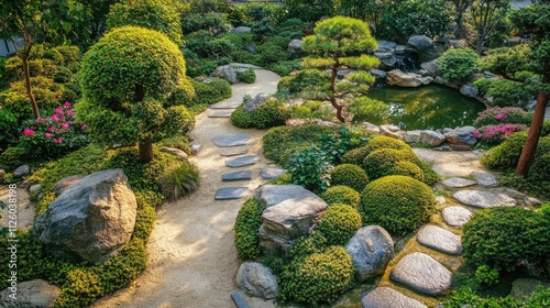 Japanese Garden with Stone Path and Pond