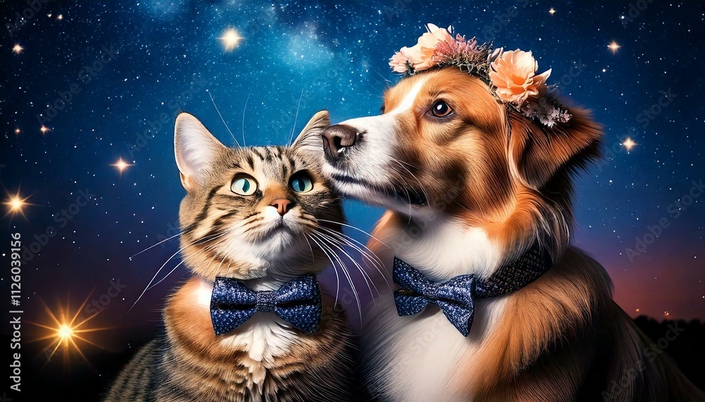 Fototapeta premium A romantic scene of a dog wearing a bow tie and a cat wearing a flower crow