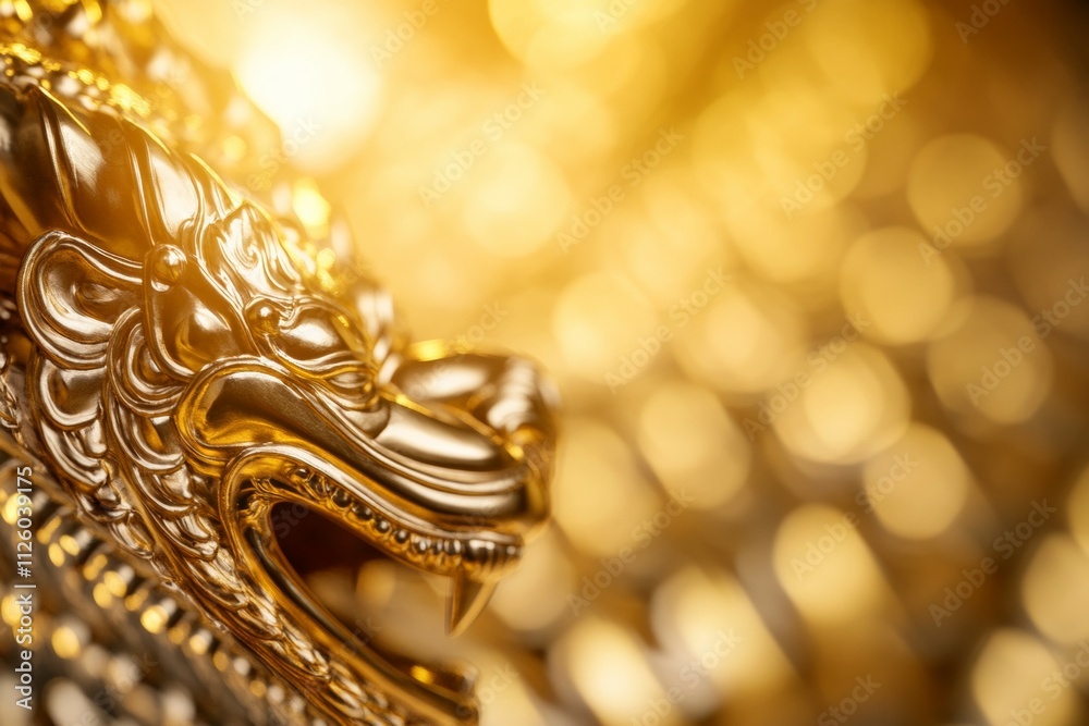 Golden dragon sculpture with bokeh effect in warm light