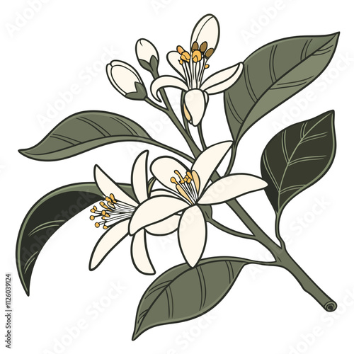 Orange Blossom with Leaves vector illustration Isolated on White Background