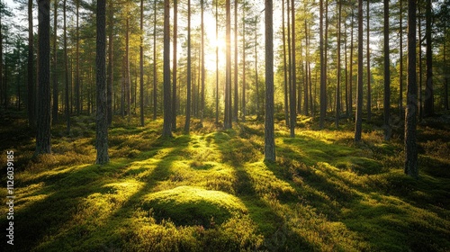 Sunlight Streaming Through a Dense Pine Forest