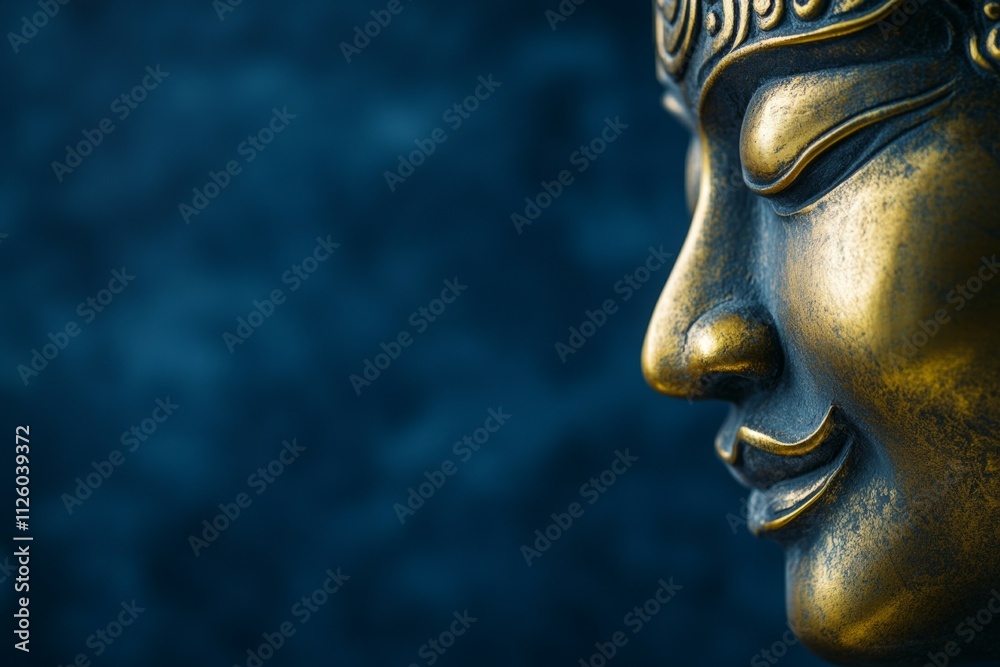 Golden buddha statue on blue background: serene smile and peaceful expression Golden buddha statue on blue background: serene smile and peaceful expression