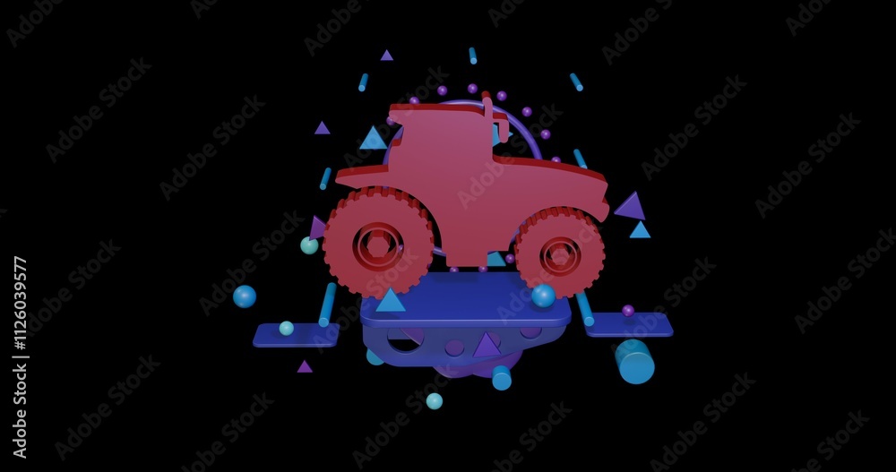 Red tractor icon on a pedestal of abstract geometric shapes floating in the air. Abstract concept art with flying shapes in the center. 3d illustration on black background Red tractor icon on a pedestal of abstract geometric shapes floating in the air. Abstract concept art with flying shapes in the center. 3d illustration on black background