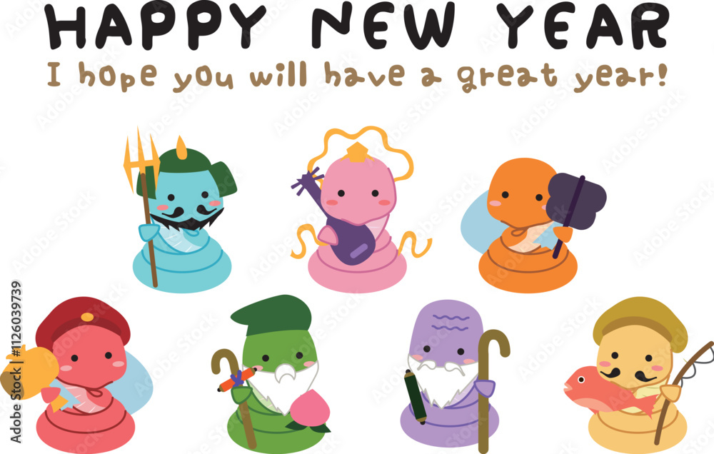 Naklejka premium 2025年 年賀状 横 HappyNewYearカラフル七福神 