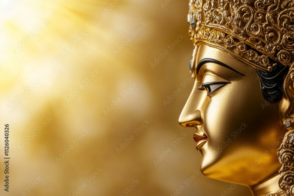 Golden hindu deity statue with intricate crown and radiant background Golden hindu deity statue with intricate crown and radiant background