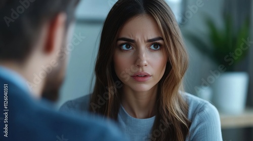 Wallpaper Mural Woman looks worried, eyes wide with concern. Illustrates anxiety, doubt, or difficult conversation. Torontodigital.ca