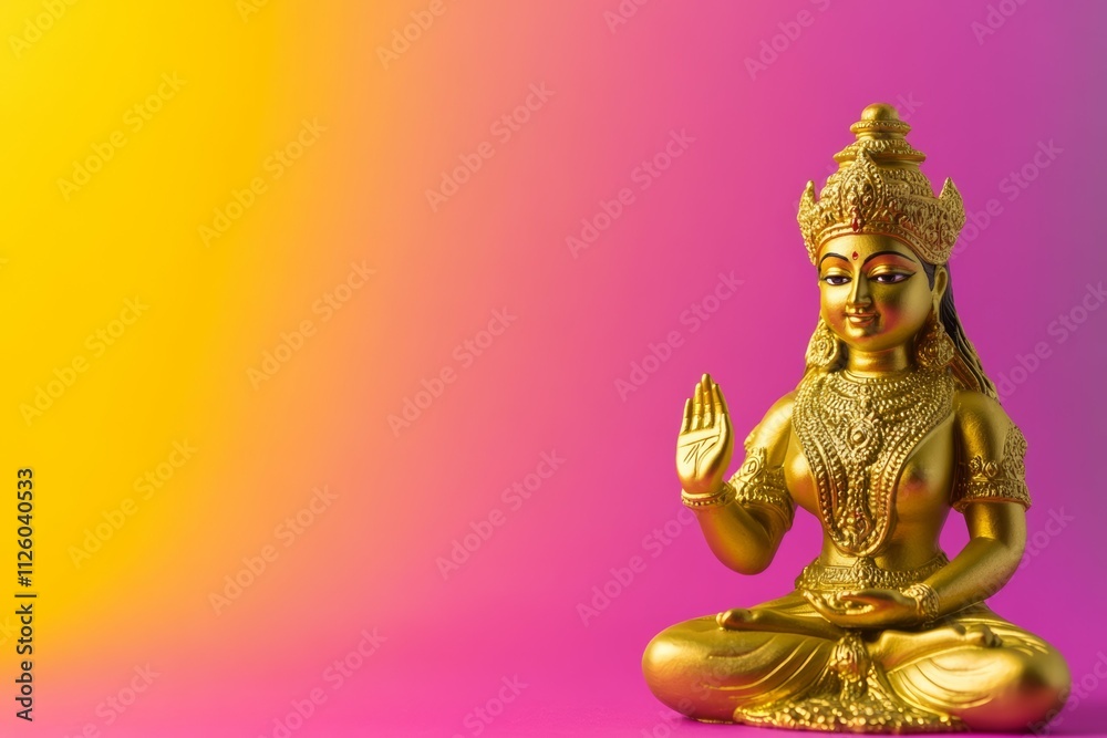 Fototapeta premium Golden hindu goddess statue on vibrant pink and yellow gradient background