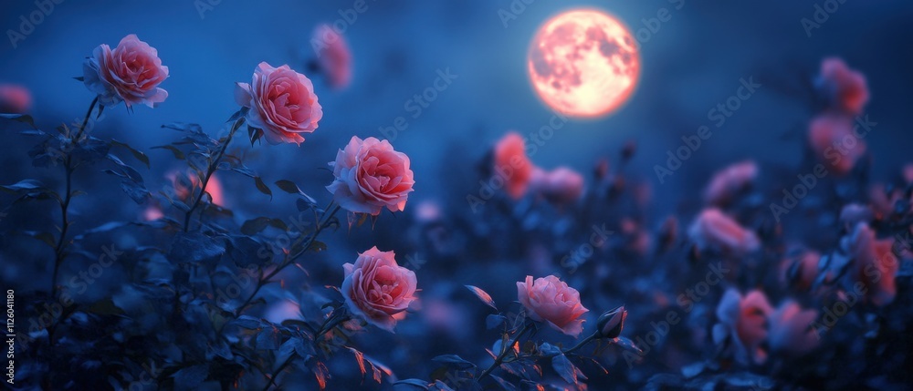 serene night with blooming roses under a full moon serene night with blooming roses under a full moon