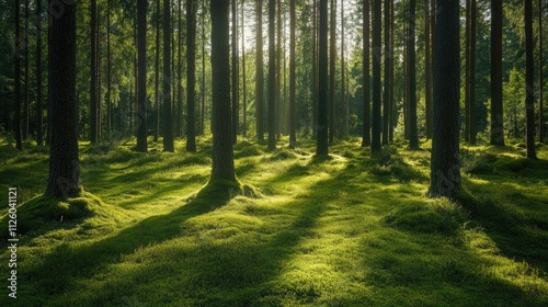Sunbeams Through the Trees in a Lush Forest