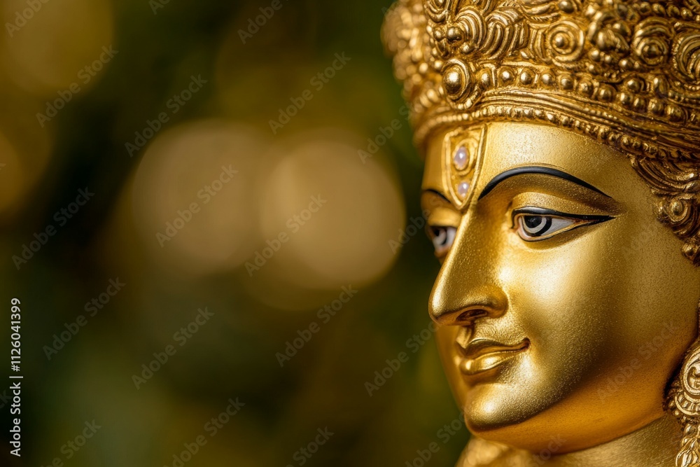 Golden hindu deity statue with intricate crown and peaceful expression Golden hindu deity statue with intricate crown and peaceful expression