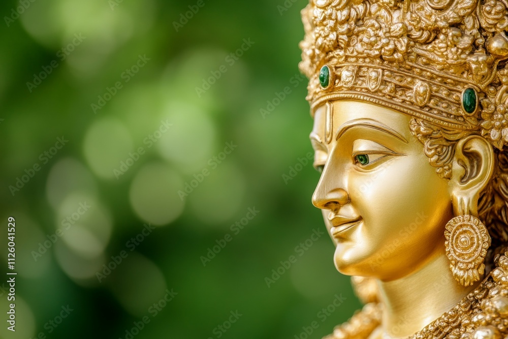 Golden hindu deity statue with ornate crown and detailed facial features Golden hindu deity statue with ornate crown and detailed facial features