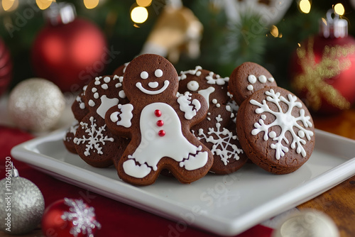 A plate of gingerbread cookies on a table with a christmas tree in the background photo