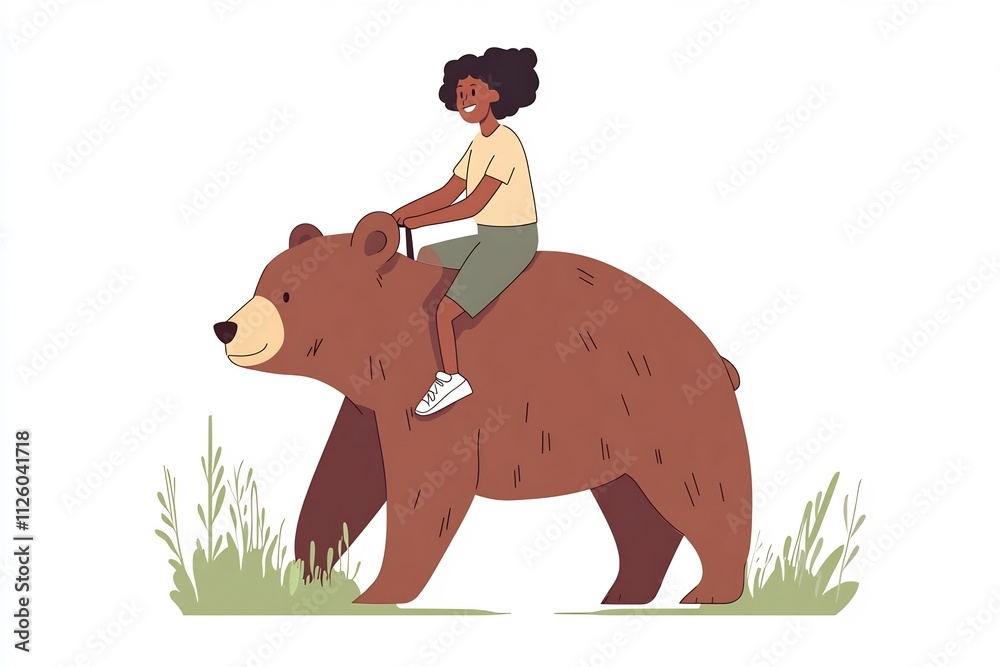 Obraz premium Fearless Girl Riding a Bear Through the Lush Forest Landscape