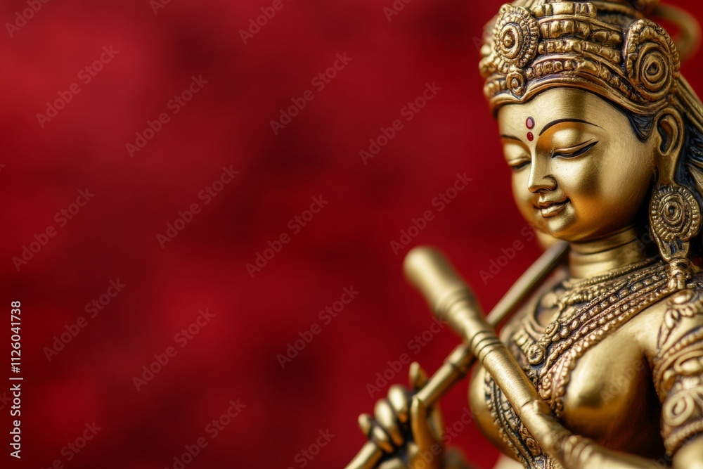 Golden hindu goddess statue against rich red background displaying divine elegance Golden hindu goddess statue against rich red background displaying divine elegance