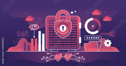 Data security focuses on protection and encryption. Key objects, padlock, shield, key. Dark theme outline style illustration.