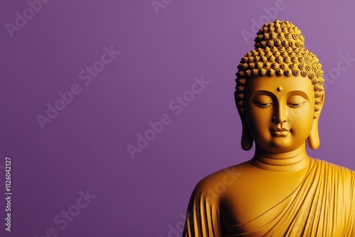 Golden buddha statue on purple background: serenity and peaceful meditation