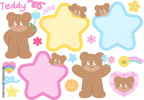 Cute vector of teddy bear, heart, star, flower for cartoon character, comic, mascot, zoo, souvenir shop, animal print, standee, patch, brooch, sticker, icon, text bubble, card, plush toy, kid doll