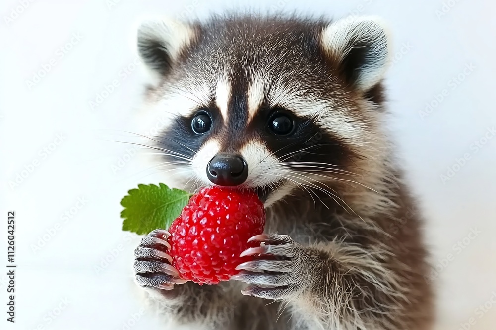 Curious Raccoon Holding a Juicy Strawberry in a Forest Environment Curious Raccoon Holding a Juicy Strawberry in a Forest Environment