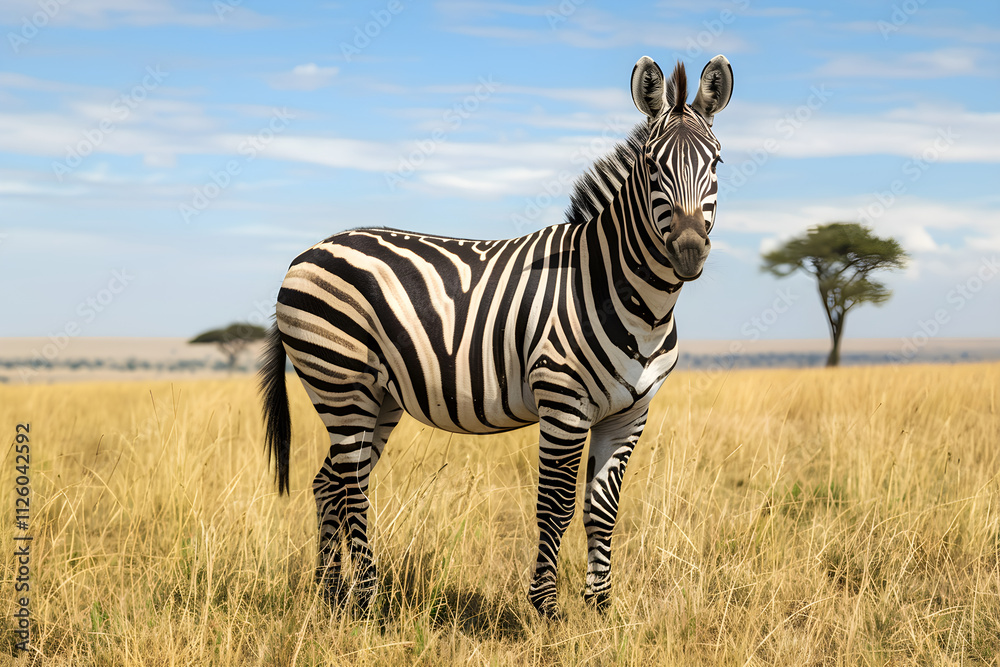 Naklejka premium Majestic Zebra in Sunlit Savannah: Striking Black and White Stripes Against Golden Grass and Clear Blue Sky, African Wildlife in its Natural Habitat