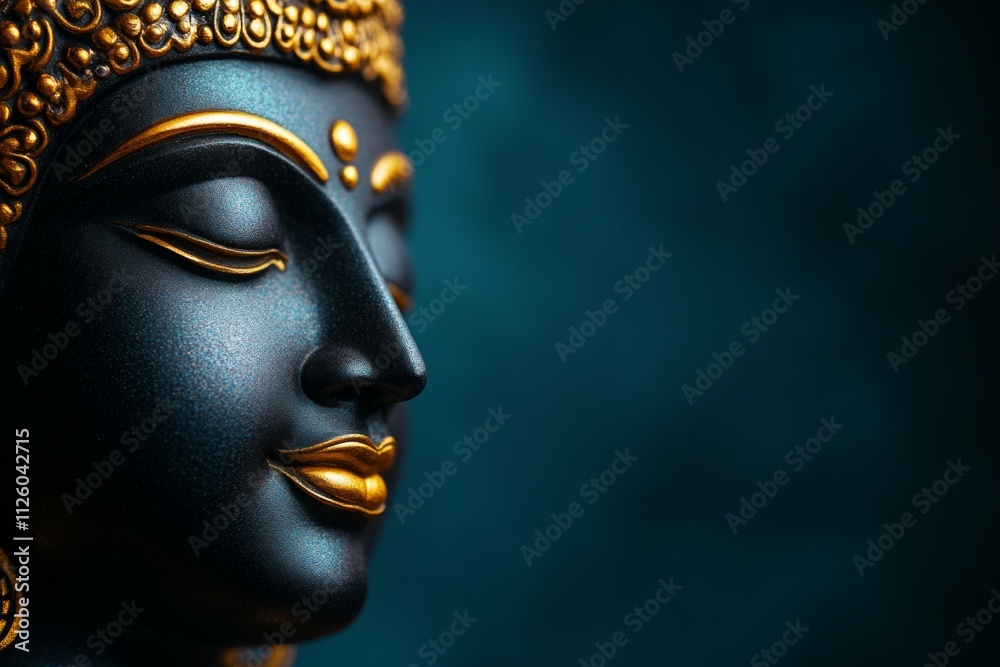 Elegant black and gold buddha statue close-up on dark background Elegant black and gold buddha statue close-up on dark background