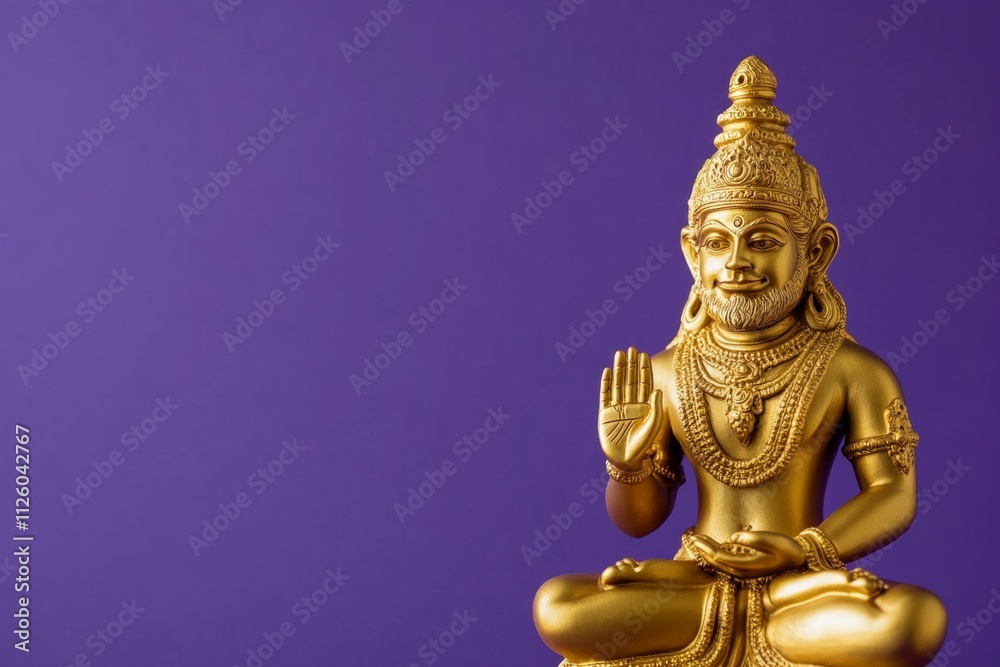 Golden hindu deity statue against purple background Golden hindu deity statue against purple background