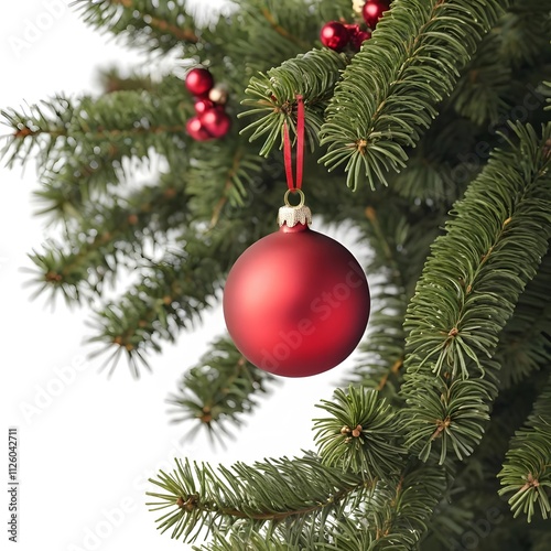 Classic Red Christmas Ornament Hanging on Evergreen Branch, Festive Holiday Bauble on Lush Green Pine Tree, Elegant Red Christmas Decoration on Evergreen Foliage