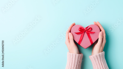 woman's hands offering heart shaped gift box with ribbon