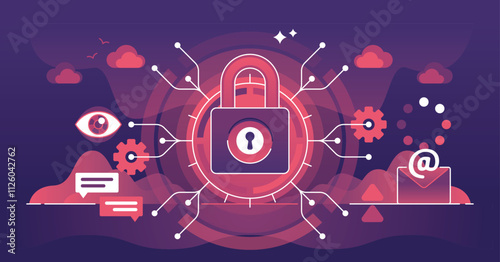 Application security focuses on protecting data with a central lock, gears, and email symbol. Dark theme outline style illustration.