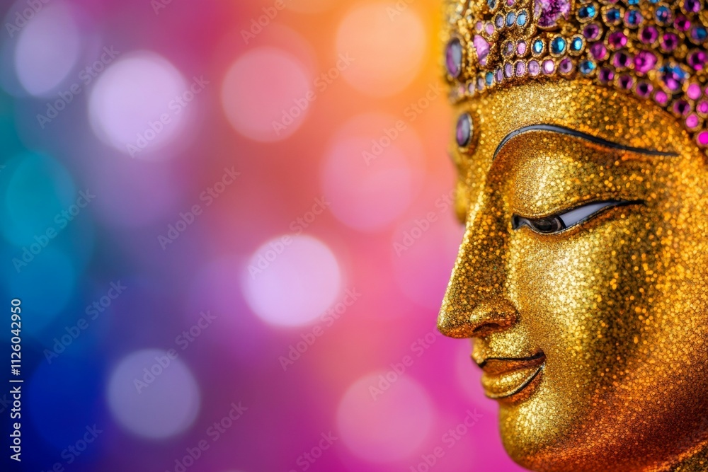 Golden buddha statue on vibrant colorful bokeh background Golden buddha statue on vibrant colorful bokeh background