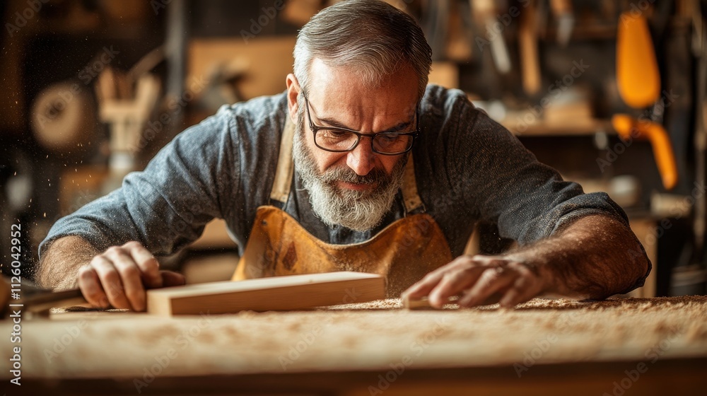 A senior carpenter meticulously sands a piece of wood in his workshop. This image portrays craftsmanship, dedication, and the artistry of woodworking. A senior carpenter meticulously sands a piece of wood in his workshop. This image portrays craftsmanship, dedication, and the artistry of woodworking.