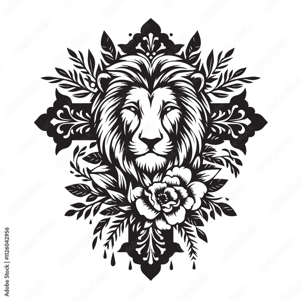 Fototapeta premium Floral Lion Cross Clipart vector design