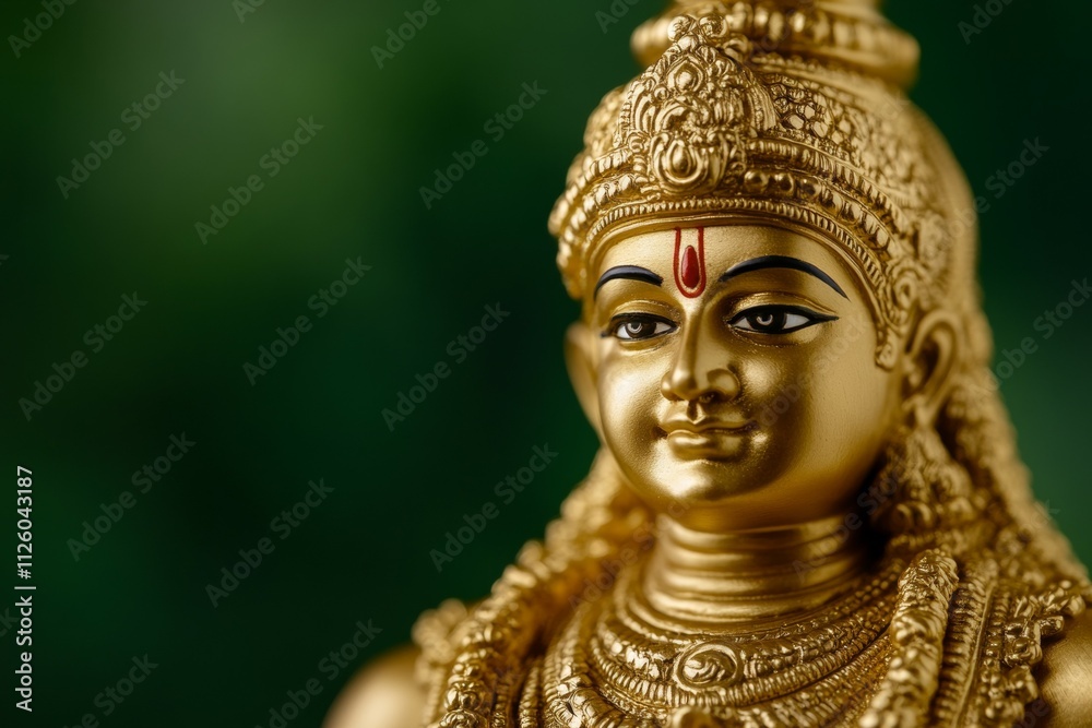 Golden hindu deity statue with intricate details against a green background Golden hindu deity statue with intricate details against a green background