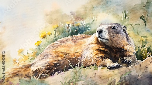 A marmot rests on a rock amidst wildflowers, painted in a watercolor style.