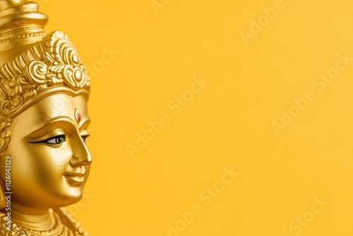 Golden hindu goddess statue on vibrant yellow background showing divine beauty