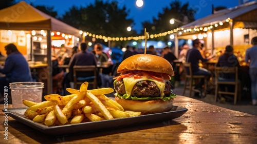 Night Food Festival with Gourmet Burgers, Fries, Food Trucks, City V4