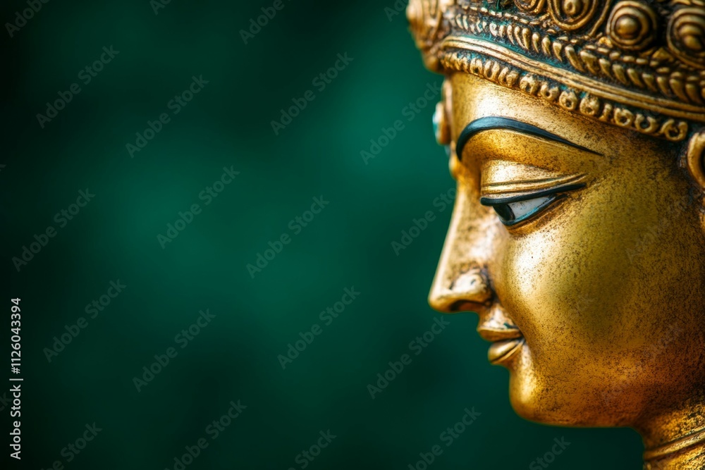 Close-up of golden buddha statue with intricate crown against green background Close-up of golden buddha statue with intricate crown against green background