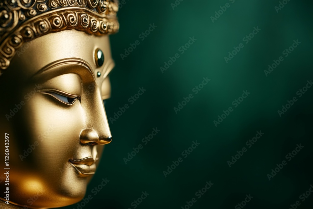 Golden buddha statue against green background with peaceful expression