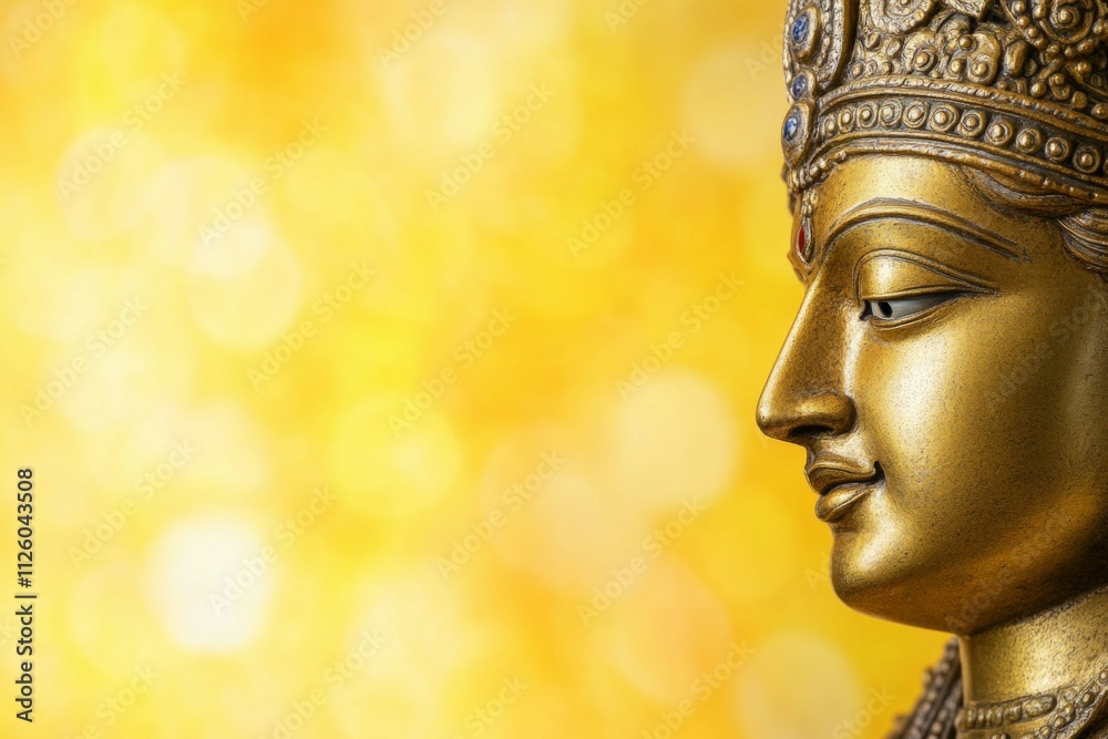 Golden statue of deity against bright yellow background Golden statue of deity against bright yellow background